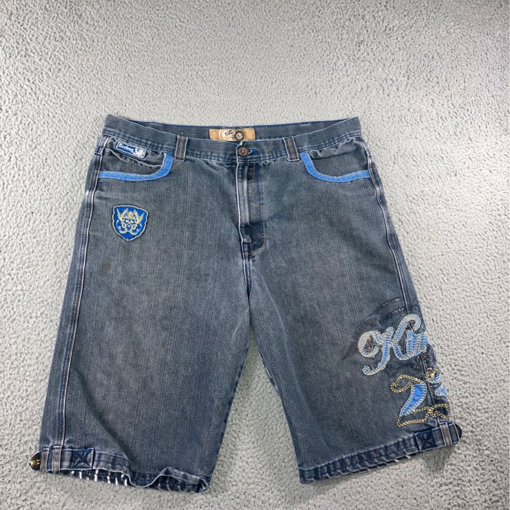 Exigency Denim Shorts Men 38 Black Y2K Embroidered Baggy Streetwear Cyber Skater